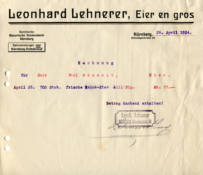 Leonhard Lehnerer invoice, 1924 1