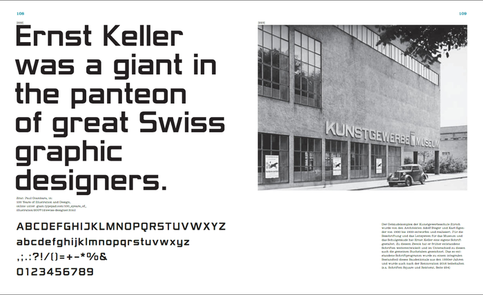 Book spread. In 1933, Ernst Keller created lettering for the signage of the building that housed the Zurich Museum and School for Arts and Crafts (today Zurich University of the Arts, ZHdK). This formed the basis for the digital Rektorat typeface by Nouvelle Noire.