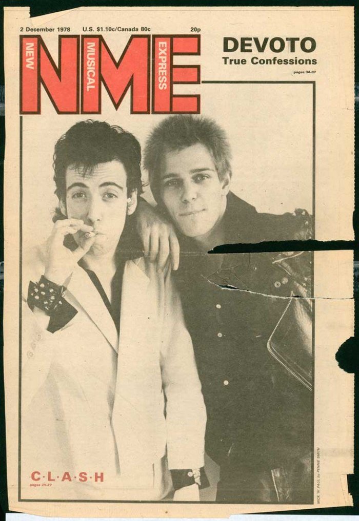 The issue from December 2, 1978 with The Clash on the cover was the first to feature the new NME logo designed by Barney Bubbles. Univers Bold is used for the full name within the initials and also for other copy.