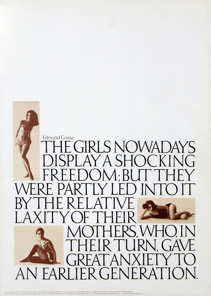 “I’m afraid that I don’t have any great words of wisdom to impart on why I changed the type styling of this poster to ITC American Typewriter Light Condensed. The original type [Wolf Antiqua] was quite adequate. But – since the nature of this article dictates that I give an intelligent, if not erudite, argument for my changes – let me put it this way: First, I think American Typewriter is a swell typeface. And second, the poster’s original typeface was designed in the late ’60s. The subject matter spans three generations. In searching for a typeface that would be generic to this span of time, I selected American Typewriter as being uniquely appropriate. And third, it's ten years later and I had to bring our modern Ms. up-to-date. Enough chronology!”