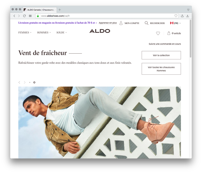 Aldo’s websites combine GT Sectra Fine (Grilli Type) with Patron (Milieu Grotesque).