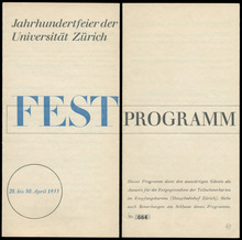 Festprogramm Jahrhundertfeier der Universität Zürich
