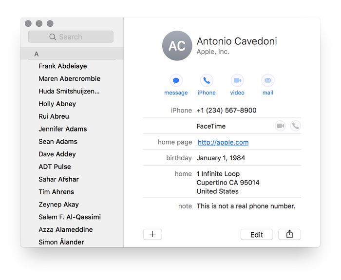 Apple Contacts app (macOS Sierra and iOS 10)