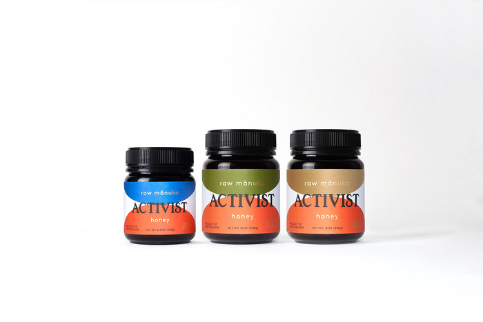 The Activist family of raw mānuka honey. The colours (in combination with numbers) indicate the potency of the raw ingredient.