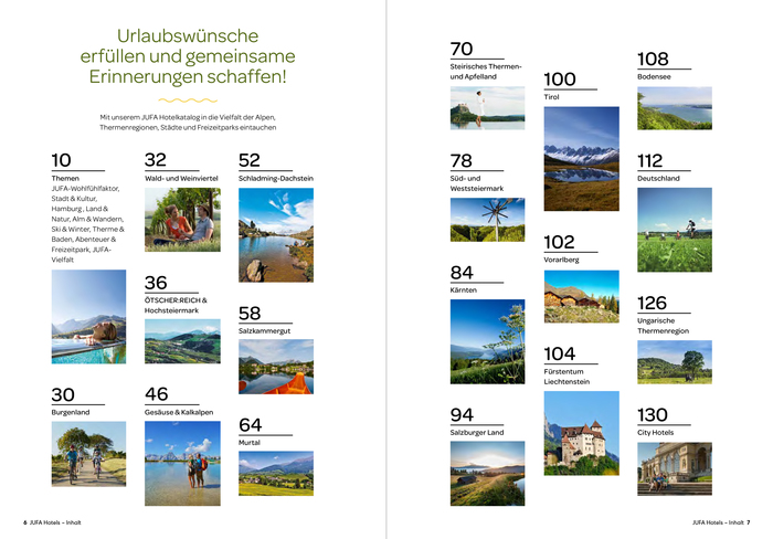 Big page numbers in Omnes Medium give structure to the contents page of a hotel catalog.