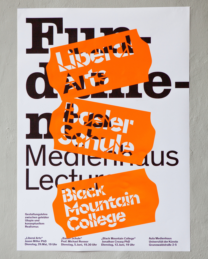 Poster for the lecture series “Fundamente” at the Medienhaus, May/June 2018. The design by Thomas Lehner uses Euclid Stencil as actual stencil on stylized price stickers, revealing the text in Clarendon Graphic and NB Akademie underneath.