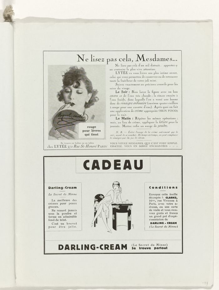 Page 59, two advertisements, The top one mixes Cochin with Cheltenham, the “Darling-Cream” ad uses Block and a yet unidentified serif with Venetian e.
