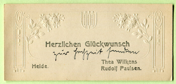 Greeting card with finely embossed branches and ornaments, sent by Thea Wilkens and Rudolf Paulsen from Heide, Schleswig-Holstein.