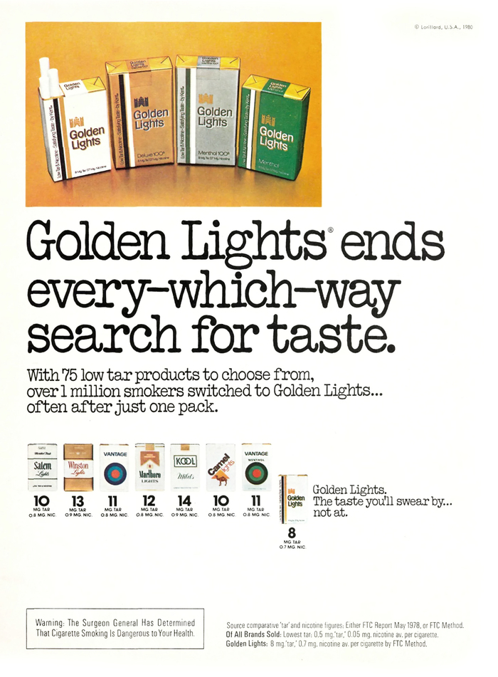 Kent Golden Lights Cigarette Ad 1980 Fonts In Use