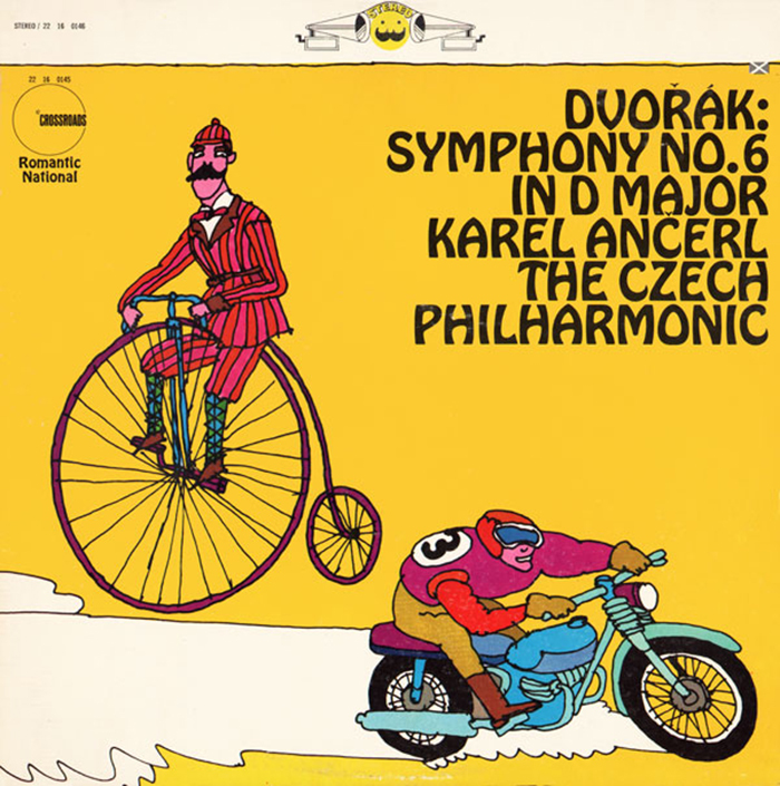 Symphony No. 6 In D Major, by The Czech Philharmonic Orchestra, conducted by Karel Ančerl. Six lines of Hobo caps with tiny diacritical marks — note the háček neatly tucked between the legs of A. Hobo is also used for the “Romantic National” logo on the left.