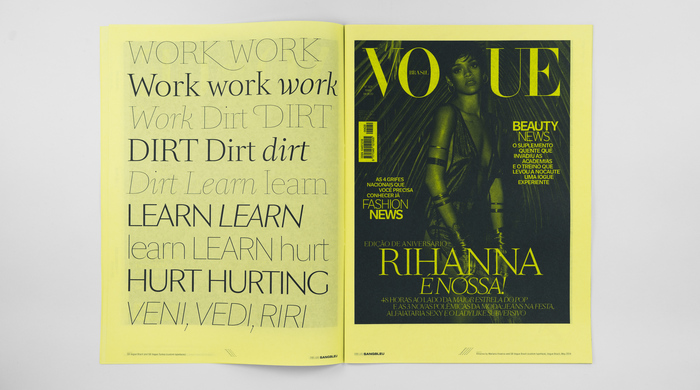 Left: SB Vogue Brazil and SB Vogue Turkey (custom typefaces).
Right: Rihanna by Mariano Vivanco and SB Vogue Brazil (custom typeface), Vogue Brazil, May 2014.