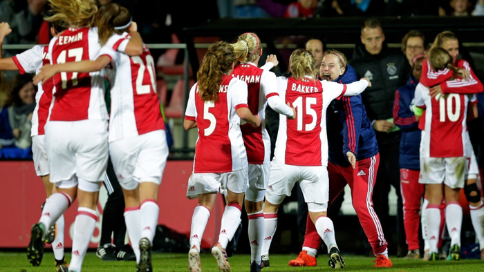 The Ajax women’s squad celebrate a goal against Brescia in the Champion’s League, Oct. 2017