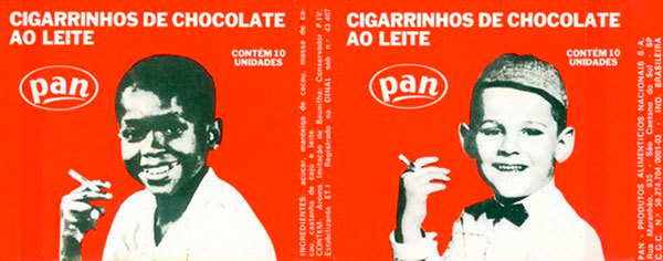 Vintage Cigarrinho de chocolate packaging from 1959, featuring a picture of Paulinho Pompéia (left) and caps from Franklin Gothic.