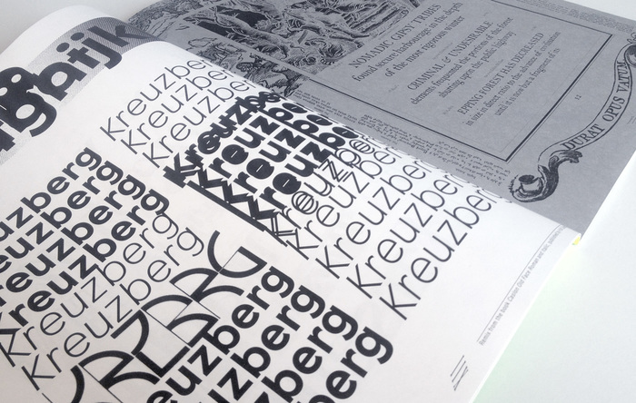 A pattern of Patron (Milieu Grotesque) with a guest appearance by Vincent (Letraset) is juxtaposed with a collage featuring elements from a Caslon Old Face specimen by H.W. Caslon & Co. from 1924.