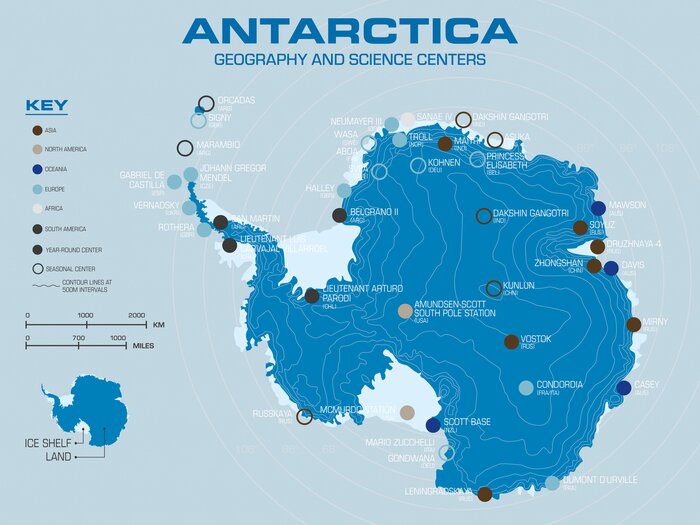 Poster 1 – A full map of Antarctica including topographic lines and research centers labeled by the country of ownership.