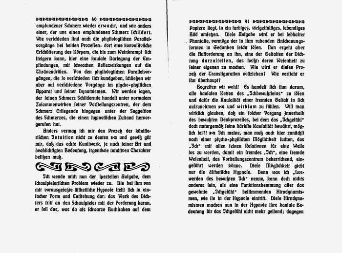 Like most blackletter types, Eckmannschrift has no italics. Tracking is used for emphasis, see “Intuition” (left) and “darzuſtellen” (right), among other words.