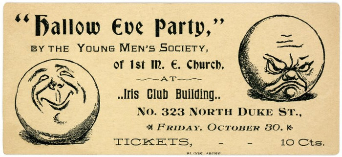 Hallow Eve Party ticket, Young Men’s Society, First Methodist Episcopal Church, Lancaster, Pa.