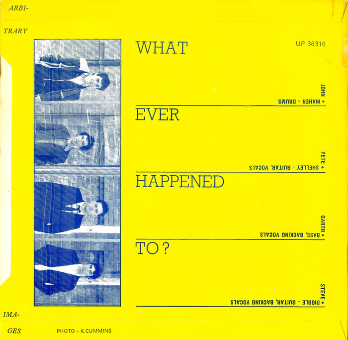 Back cover. The title of the B-side, “Whatever Happened to?”, is rendered in caps from Rockwell Light, another face that was available as rub-down type from Letraset. This, however, is metal Rockwell, see the comments below.