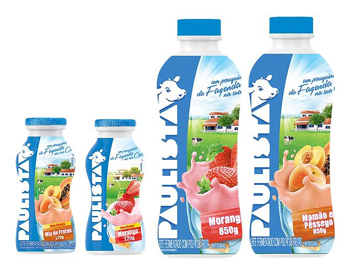 Paulista brand yoghurt bottles (legally “fermented milk”, as seen in the legal text near the bottom)