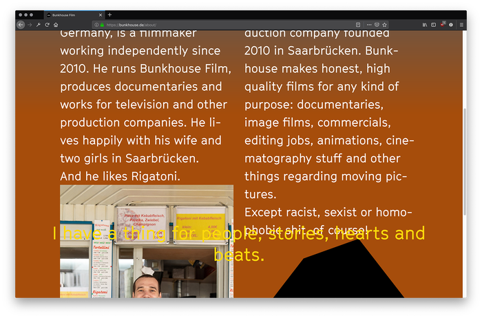 Side by side: ‘About Philipp Majer’ (the filmmaker), and ‘About Bunkhouse’ (the film production company).