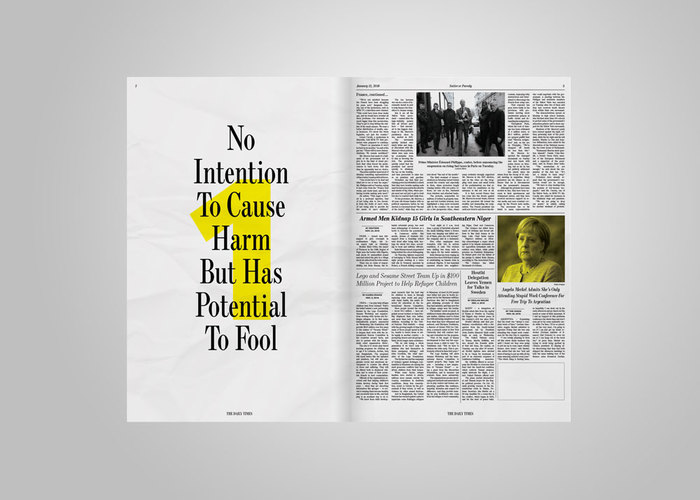 Inspired by yellow journalism, each spread teaches the reader about mis and disinformation. The 7 steps lie on a spectrum of intended harm, beginning with light political satire and ending with harmful fabricated content. Each step is highlighted in numerals set in Aktiv Grotesk from Dalton Maag.