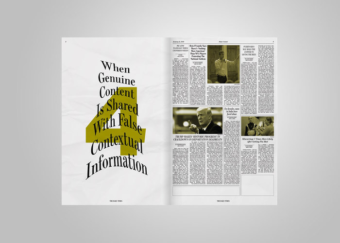 As the reader gets closer to the final spread, the intended harm of how fake news manifests instead increases, seen through the manipulation of Escrow on the left side of each spread.