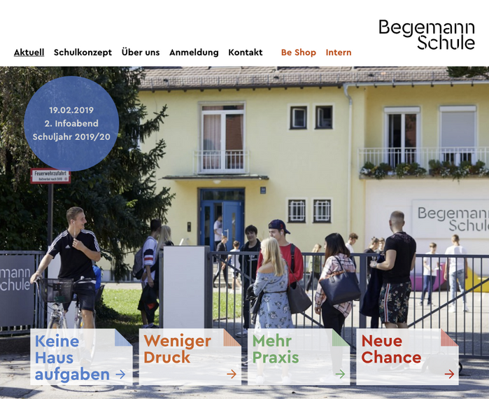 Homepage of the school’s website. Cera Bold is specified for menus and headings, Cera Regular for text, with the Medium weight used for emphasis.