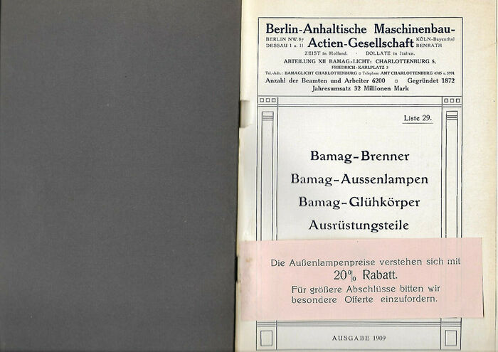 The header on the title page is set in  (1905), Berthold’s recutting of . The products – torches, outdoor lamps, incandescent bodies, equipment – use  (1898; cast in Germany by Genzsch & Heyse before 1904). The insert mentioning a 20% discount combines  and . The latter was made at Stempel in mager (1902) and fett (1903) weights, as an extension of the all-caps Graphik, which was their version of Edina. Undine’s lighter style was digitally revived by Linotype as Grafiko.