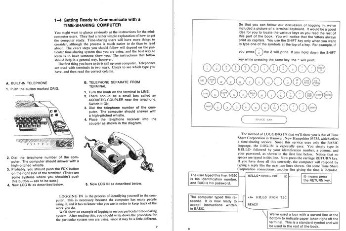 Pages 7 and 8. The glyphs and commands on the buttons of the keyboard image use an as yet unidentified (proportional) typeface.