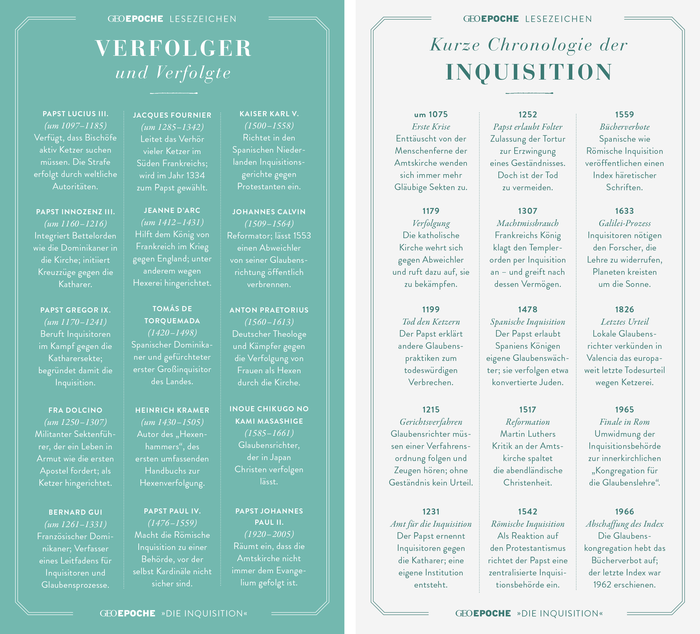 A single-colored bookmark provides an overview of perpetrators and victims of note, as well as a chronology with the most important dates of the inquisition.