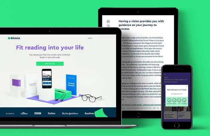 Image of laptop, tablet, and smart phone with different views of the Blinkist app displayed in front of a solid lime green background.