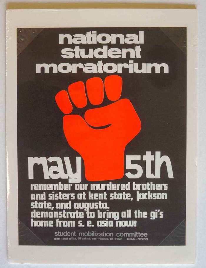 “Remember our murdered brothers and sisters at Kent State, Jackson State, and Augusta. Demonstrate to bring all the GI’s home from S. E. Asia now!” Poster by the SMC San Francisco, featuring tightly spaced Annonce and Futura Display. The logo appears to be in Akzidenz-Grotesk, also in all-lowercase letters.