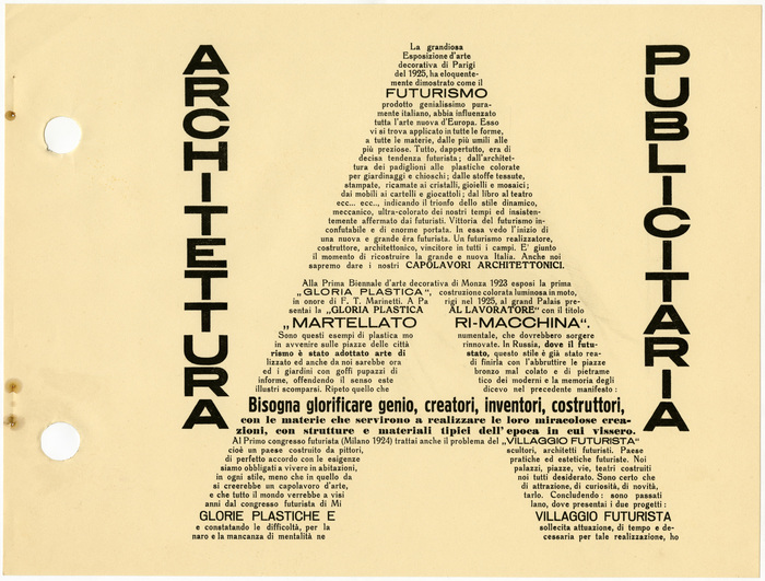 Page 89 opens a ten-page section devoted to Depero’s architectural work. [Camillini et al.] The text face again is Archiv-Antiqua (with halbfett for emphasis). The lines that form the A’s crossbar are set in Schmale Block and  (or a similar fat face). “Martellatori-Macchina” looks like the wide sans that was sold by Weber as Aurora breithalbfett (and by L. Wagner as Edel-Grotesk, etc.). “Glorie plastiche e villaggio futurista” is in Aurora-Grotesk II halbfett (1912), see . Nebiolo had the latter under the name Cairoli tonda neretta, but it’s not clear whether their version was released before 1928. The big stacked caps (“architettura publicitaria”) are only similar to this series. They are heavier than Aurora’s VII cut and lighter than the V (in Italy available as Etruria from FTC), and are distinguished by a very small aperture in C and a short middle arm in E.