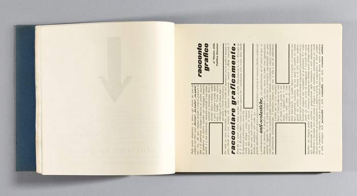 Page 67, “racconto grafico” (graphical tale). “This wall manifesto is an open letter to the Italian Minister of Education about the importance of visual literacy and of encouraging children to express themselves visually in all spontaneity and freedom.” [Camillini et al.] Deporo wasn’t shy of setting a whole page in italics. This decision here might have been made because it’s a letter, as a (distant) reference to handwriting. The big lowercase letters are from a late 19th-century fat italic that today is probably best known as Old Gothic Bold Italic. It went by numerous names incl. Fette Kursiv-Grotesk and Doric Italic. The Italian foundries Nebiolo and FTC had a version named Etrusco corsivo nerissimo which is shown in mid-20th century specimens with an r that is different from the one used here (with diagonal terminal). The text face matches Mignon (1906), except for the S. Maybe it’s an alternate, maybe it’s a modification made in the version that was available from Società Augusta as Fulgens (before 1914). [Update: Fulgens is shown in the January/February 1905 issue of Archivo Typographico with an S that matches the one in Mignon.] The German origin is still visible in the ch ligatures. Two sizes of Bernhard-Kursiv fett are used for emphasis.