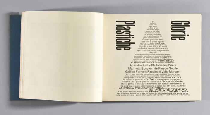 Page 87, “Plastic Glories”. In addition to  (bottom two lines) and  VII (“Gloria Plastica”, see p.89), there are two more grotesks in use. Most of the text is set in . This face by Schelter & Giesecke was avaiable from the local foundry Reggiani as Eia. The big compressed sans is unidentified, and probably wood type.