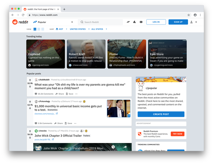 Homepage of Reddit in March, 2019