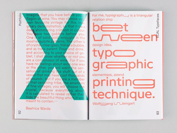 Spread about ECAL Typefaces featuring Terrazzo (Luke Archer) and Stretch (Daniel Hättenschwiller).