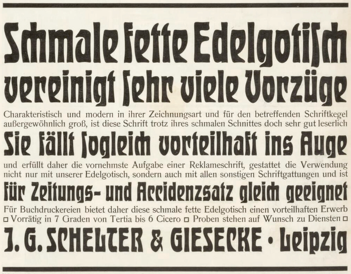 Ad by J.G. Schelter & Giesecke announcing the schmal fett style of Edelgotisch in the German trade journal Archiv für Buchgewerbe in 1904.