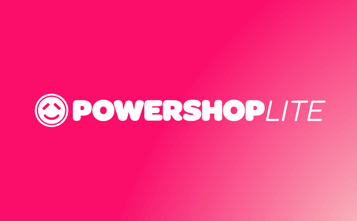 The Powershop logo is in uppercase letters from Omnes Black, with tightened spacing. The center of W was raised to meet the cap line.