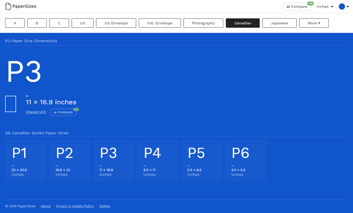 P3 Canadian paper page, showcasing blue theme and inches measurement