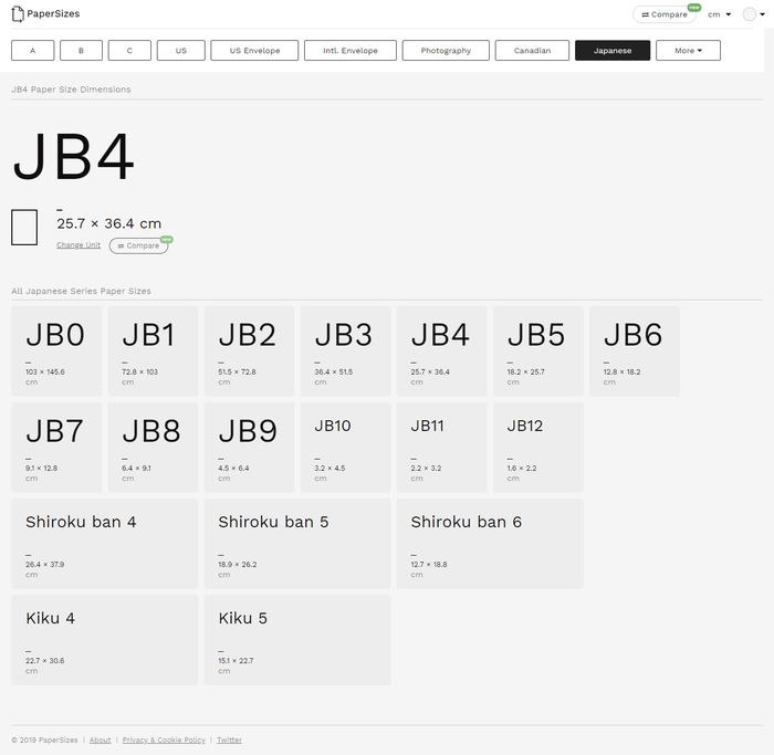 JB4 Japanese paper, showcasing white theme and centimeter measurement