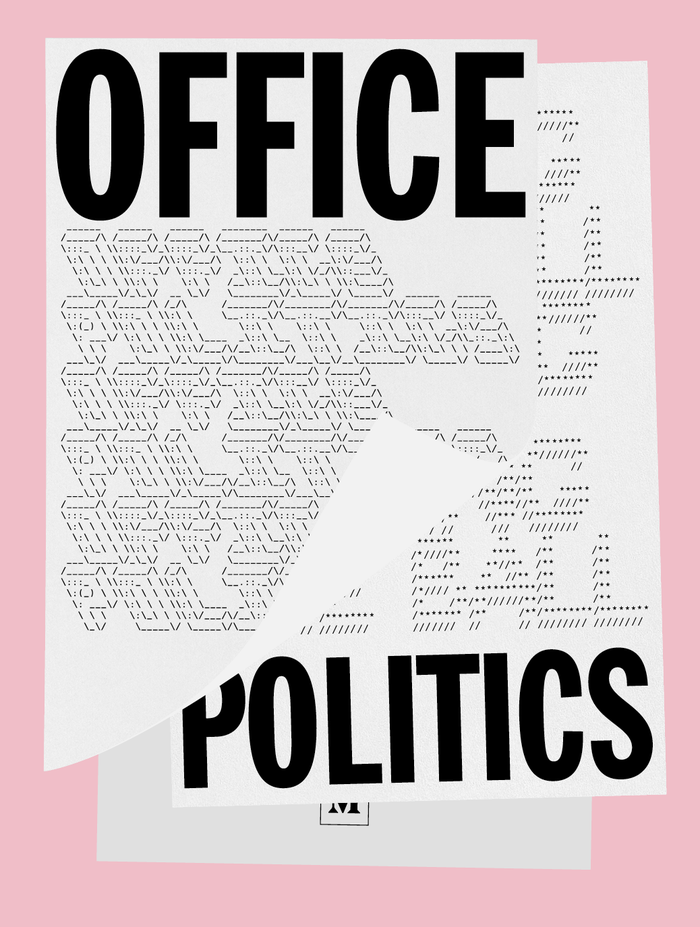 For the cover for Office Politics, Louissaint paired caps from Bitstream’s  Extra Condensed with ASCII art made with the Text to ASCII Art Generator by Patrick Gillespie (aka Pat or JK). The selected FIGlet “fonts” are called Swamp Land by bpg and 3-D by Daniel Henninger. Their character patterns are here rendered in .