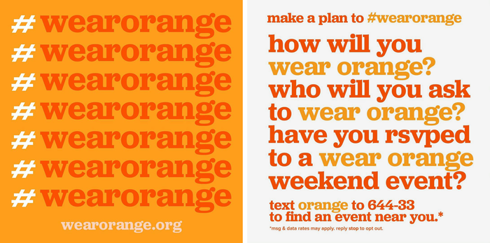 Social media graphics announcing the hashtag #WearOrange.