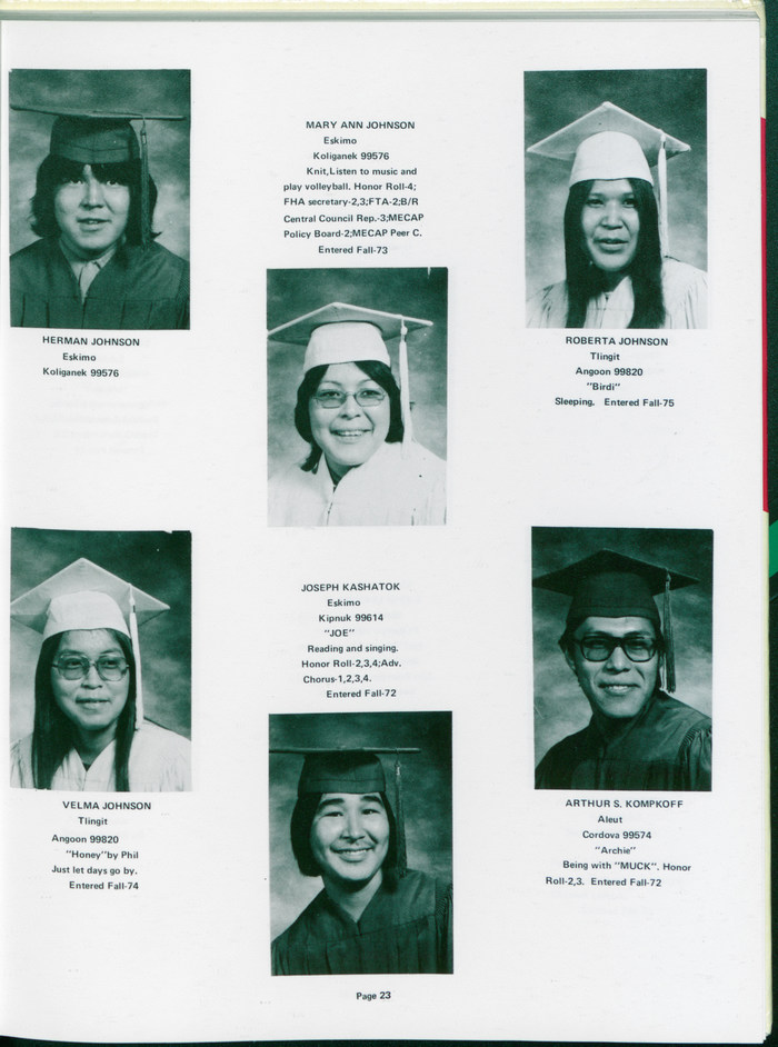 The Mt. Edgcumbe High School was operated by the federal Bureau of Indian Affairs (BIA) at the time. Most of the student body is Alaska Native. The graduates identified as Eskimo, Tlingit, Aleut, and Athabascan.