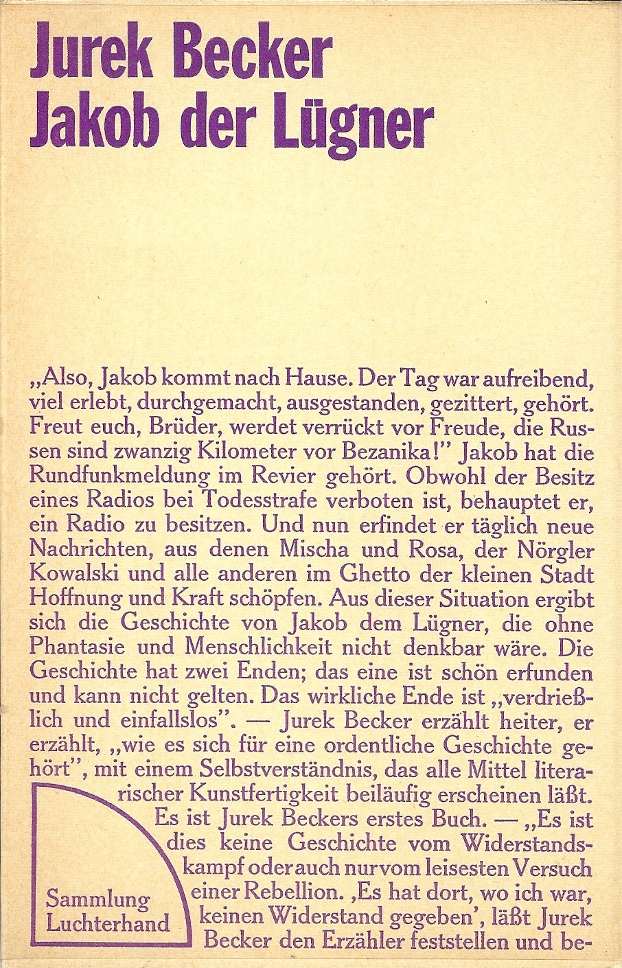 Jurek Becker Jakob Der Lügner Sammlung Luchterhand series - Fonts In Use