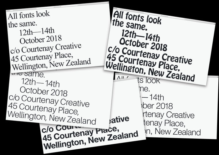 The website renders with headlines in a different font on refresh. The header type selection includes Times New Roman, Neue Helvetica, Hobo and Whyte Inktrap (not shown here).