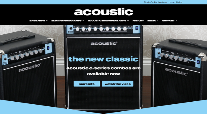 I was pleasantly surprised (and completely shocked) to find out that Guitar Center’s site for Acoustic Amplifiers uses an Annonce/Venus follower as webfont: It’s  by Photo-Lettering, which is distinguished from the older bold wide grotesks by its rounded dots. The digital version was made in the 90s by Castcraft.