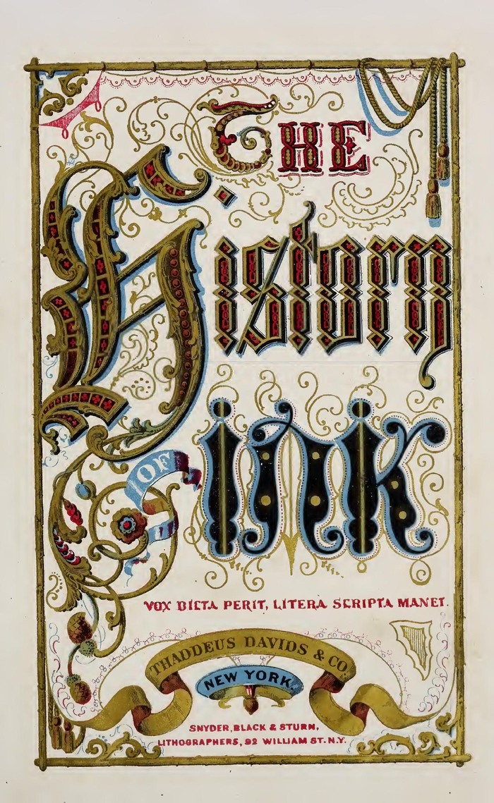 Title page (lettering), featuring the Latin motto Vox dicta perit, litera scripta manet (“A heard voice perishes, but the written letter remains.”). Lithography by Snyder, Black & Sturm, 92 William St., New York.