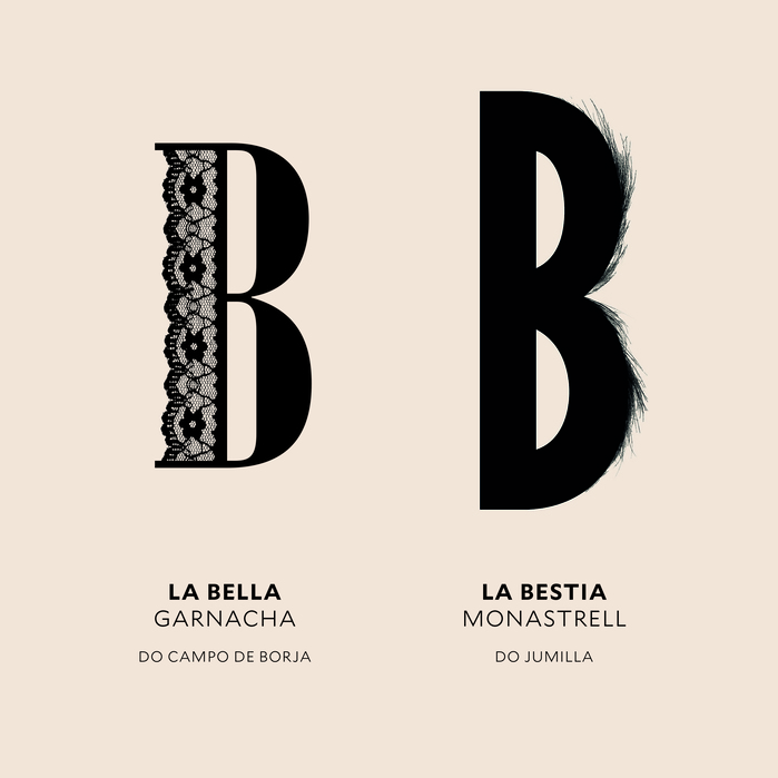 In the design briefing, the client want to pair La Bella (“The Beauty” in Spanish) with another Artiga wine called La Bestia (“The Beast”), which is also featured on Fonts In Use. Here, both B’s are shown side by side. La Bestia is branded with a B in Gill Sans Bold Extra Condensed, dressed in fur.