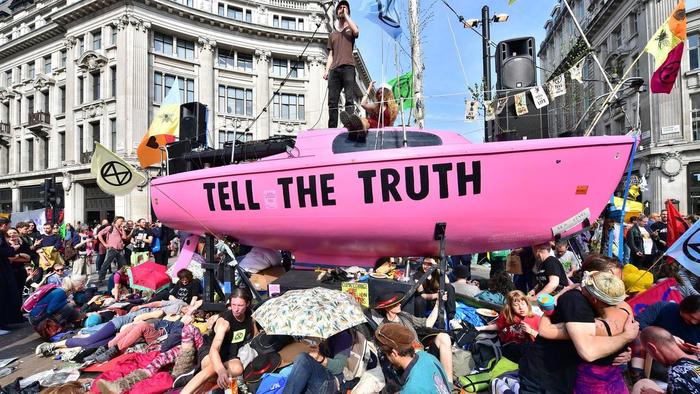 Climate protesters gathered around a boat at Oxford Circus during a coordinated protest by the Extinction Rebellion group in April.